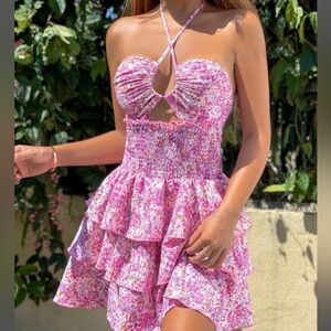Pink Floral Halter Backless Frill Dress